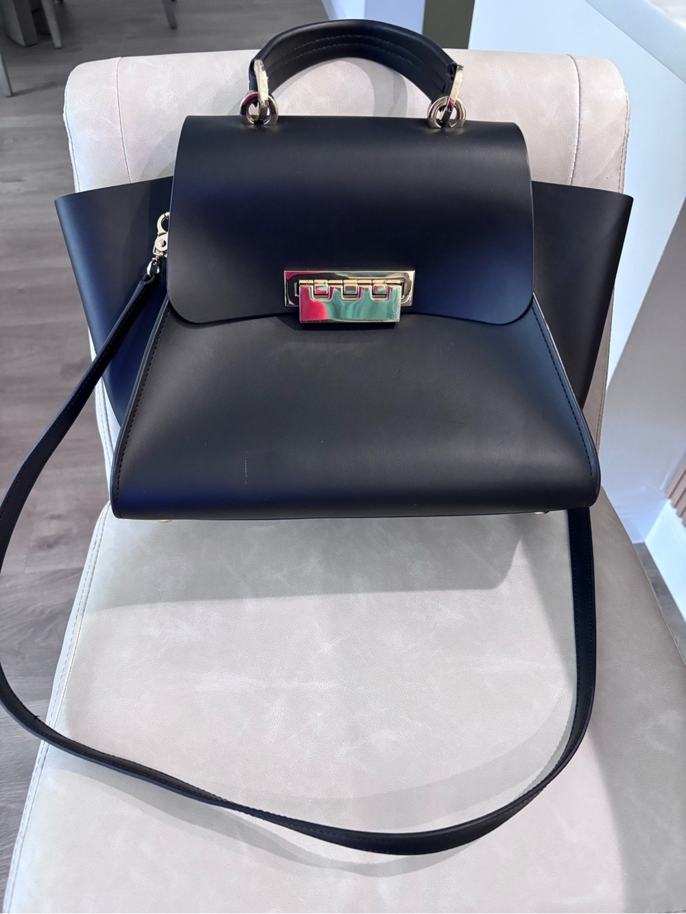Zac Posen Black Structured Top-Handle Satchel with Gold Hardware